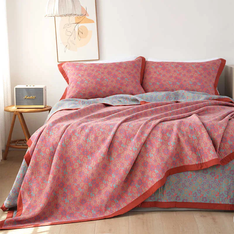 Cotton gauze bed blanket three-piece set with plant and flower pattern design
