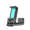 Black foldable phone holder with rotating mechanism shown holding a mobile phone at an angle
