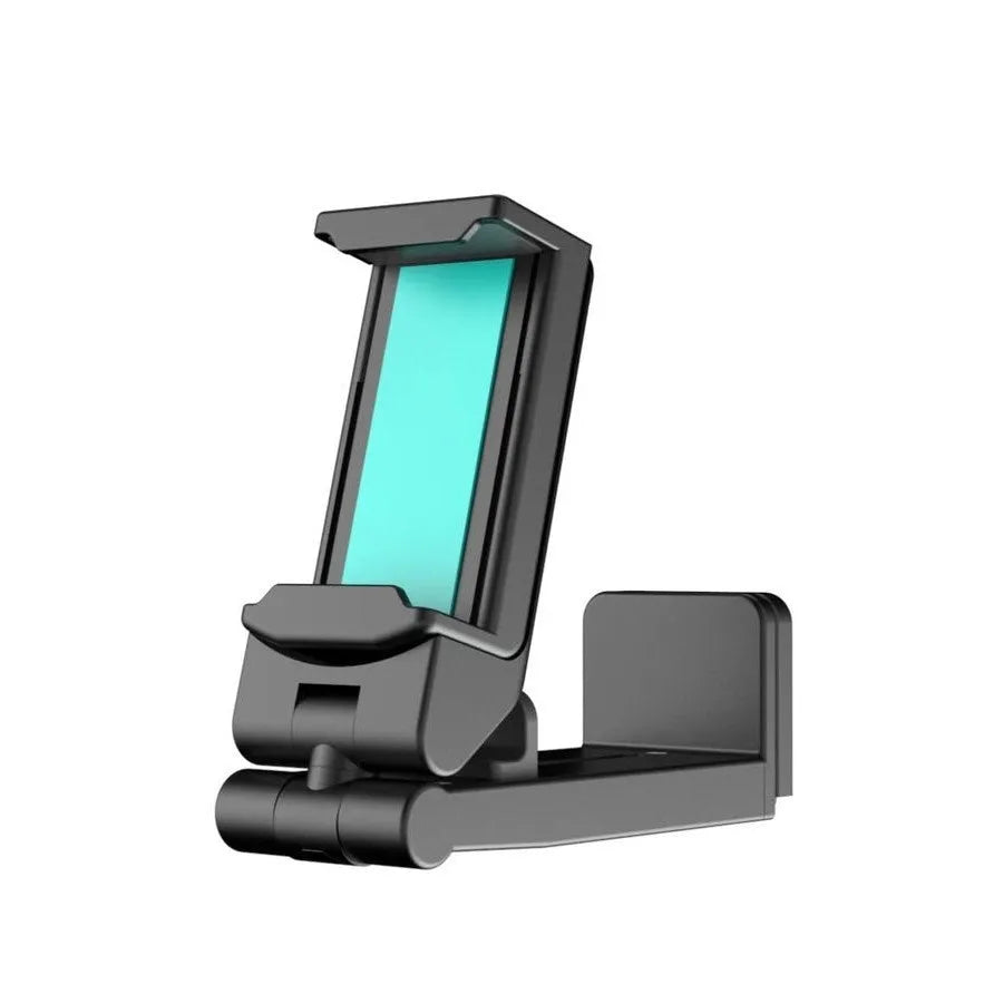 Black foldable phone holder with rotating mechanism shown holding a mobile phone at an angle