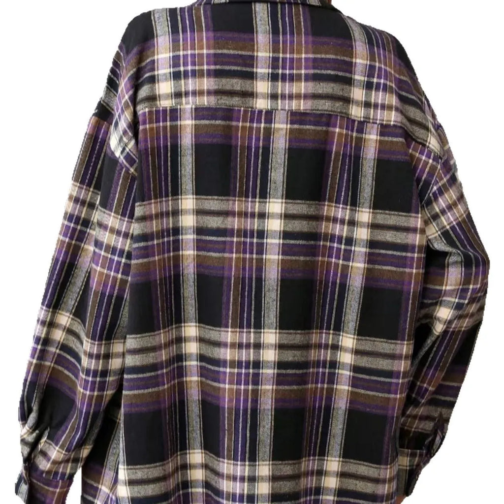 Women's loose fitting plaid shirt with long sleeves in black, green, or purple.