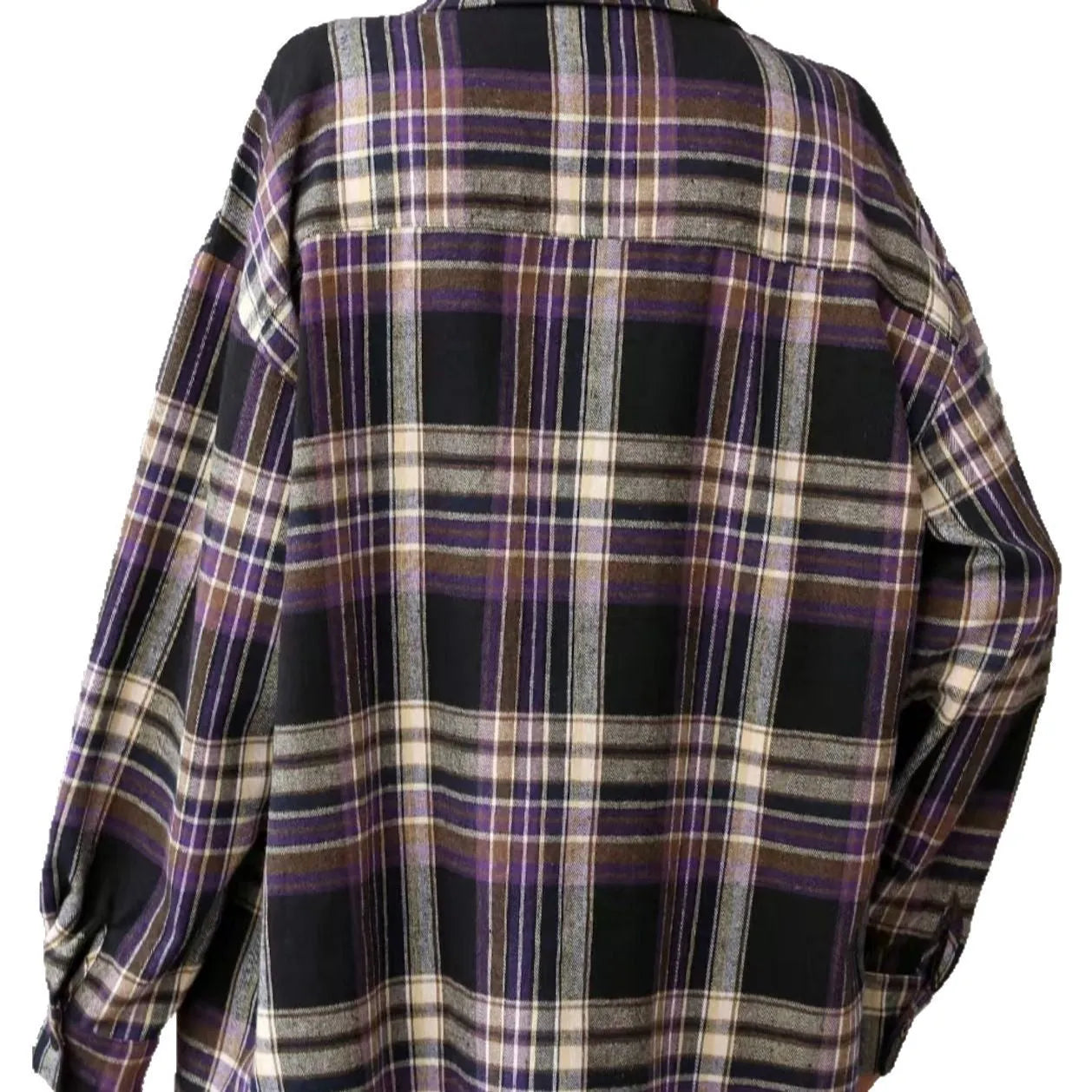 Women's loose fitting plaid shirt with long sleeves in black, green, or purple.