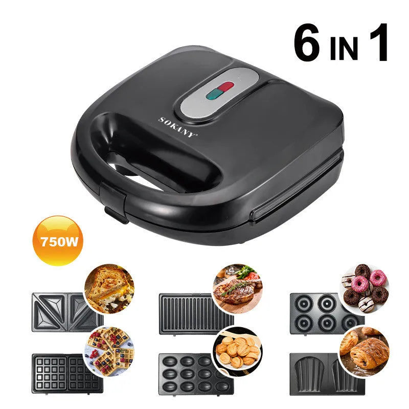 Black double-sided electric sandwich maker with brushed stainless steel lid and non-stick plates