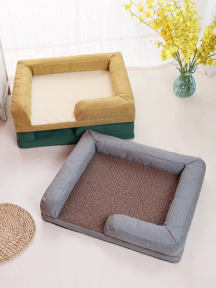 Washable pet sofa bed with lamb wool cover, high rebound PP cotton filler, available in 3 sizes and colours