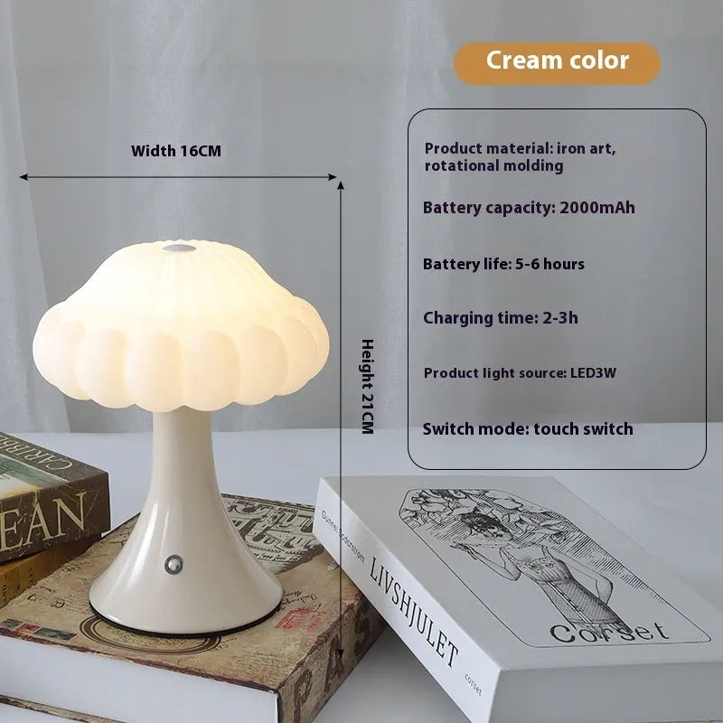 Mushroom-shaped touch control night lamp in wood grain colour on a table