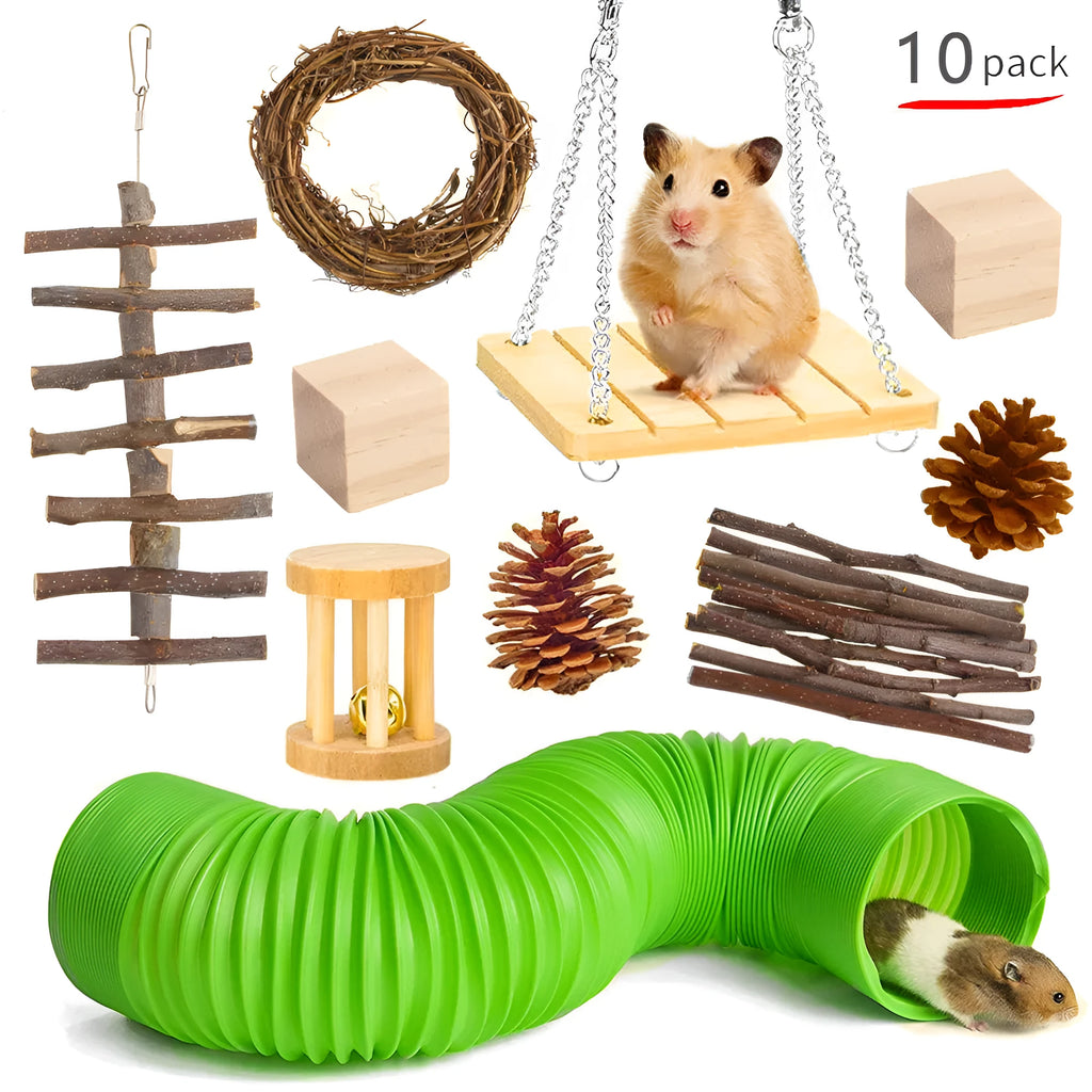 Assortment of natural wooden chew toys for small pets including balls and woven items on a straw mattress.