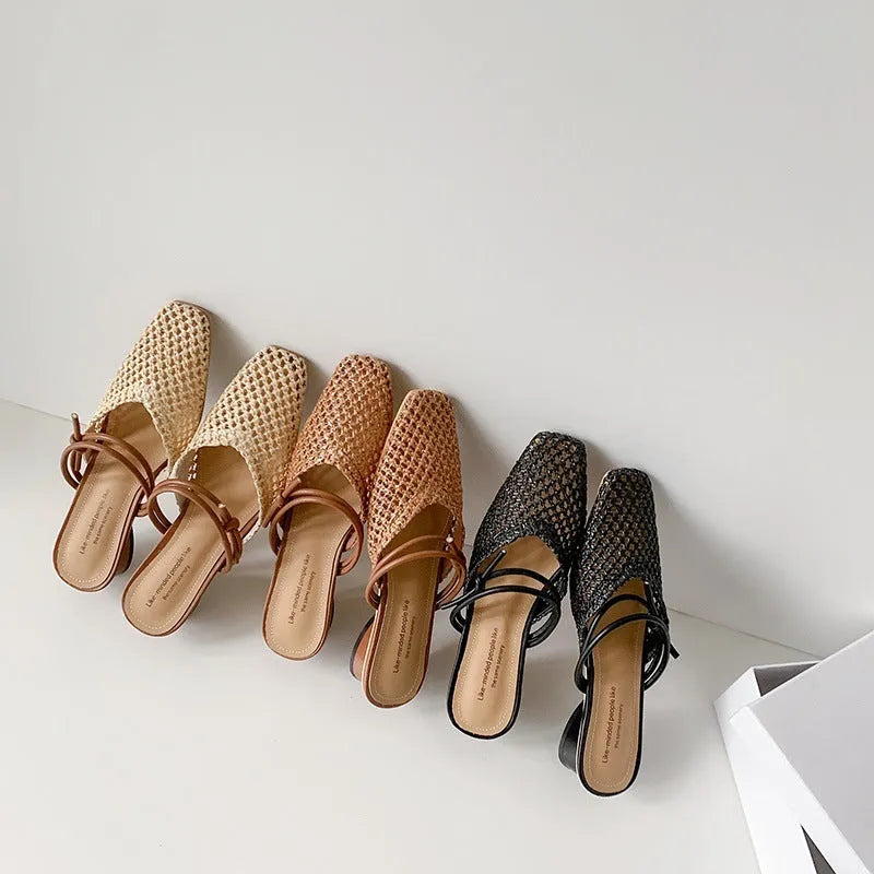Women's square toe hollow breathable chunky heel slippers in beige artificial PU with rubber sole
