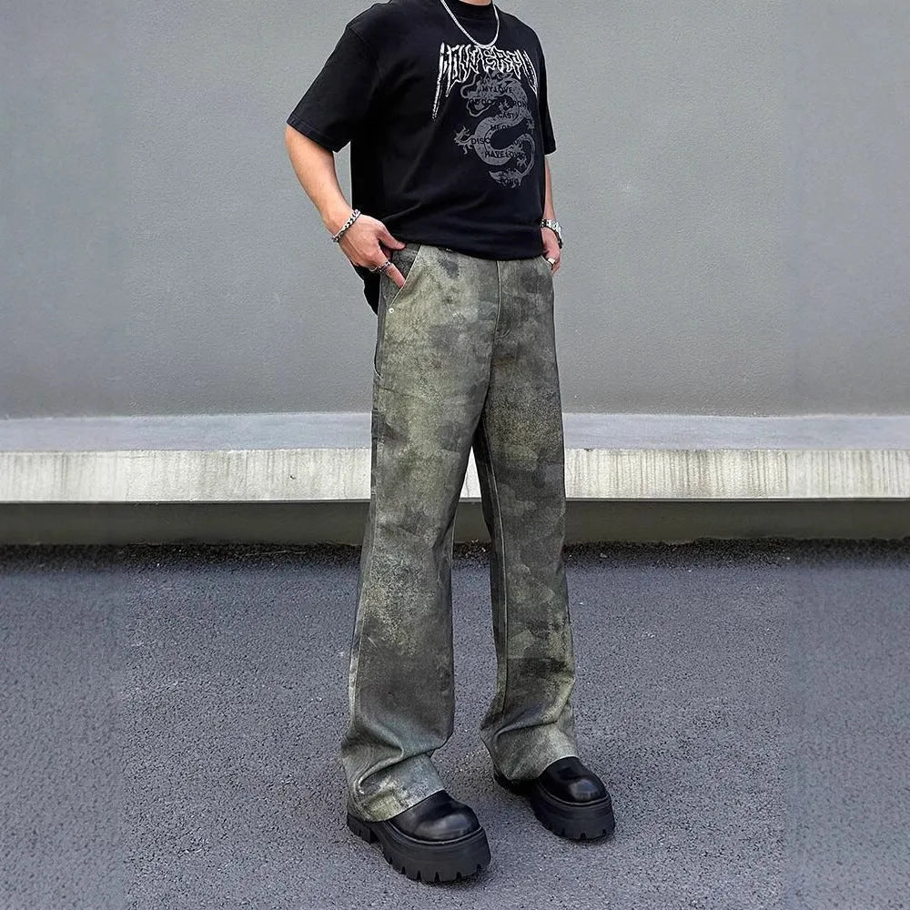 Men's straight leg jeans with a digital camouflage pattern in a retro style, shown in mid waist fit.