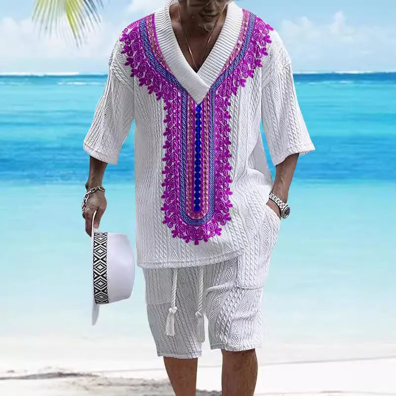 Men's printed drop-shoulder knitted shorts suit with short sleeve top and matching lounge shorts