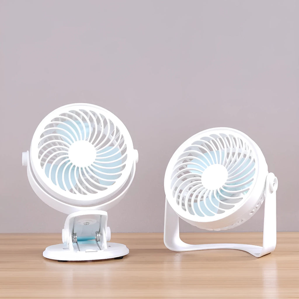 USB-powered desk fan with three blades, available in mini clip or floor styles
