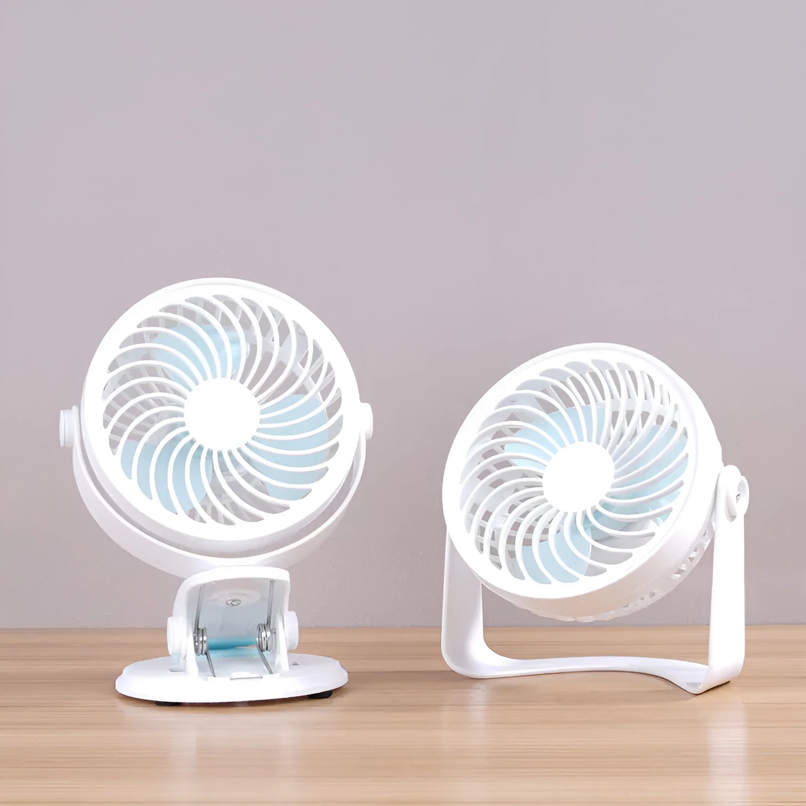 USB-powered desk fan with three blades, available in mini clip or floor styles