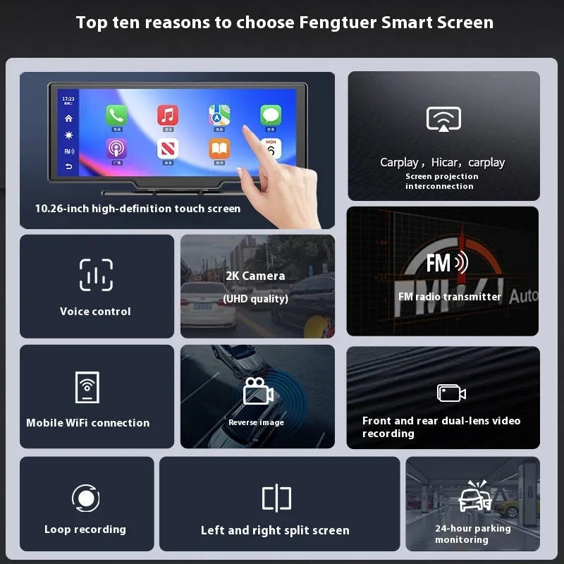10 inch car smart screen with Carplay display mounted on dashboard, showing front and rear camera views.