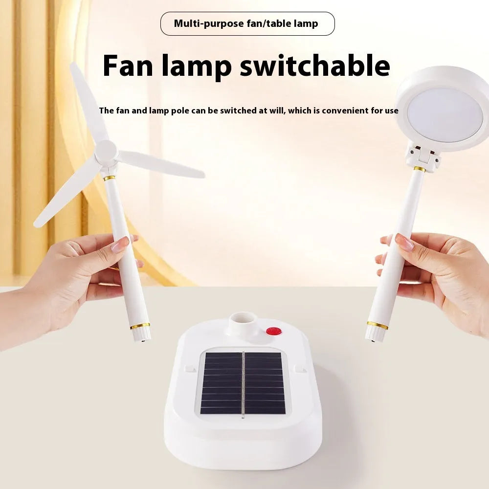 Ivory white solar-powered table fan with integrated LED study lamp on desk