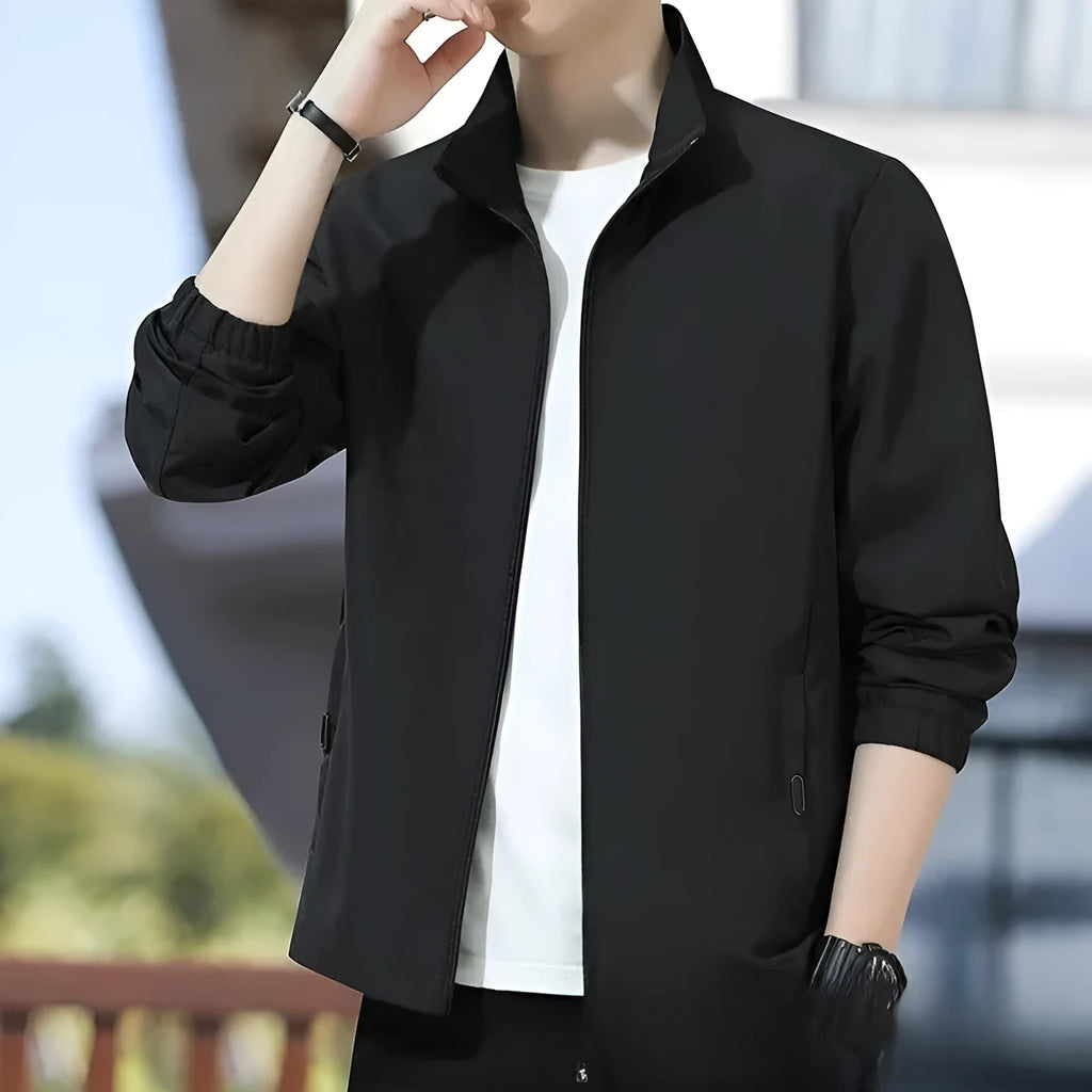 Korean style loose lapel autumn jacket in black with zip pockets shown in casual setting