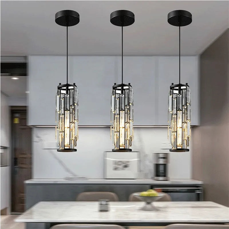 LED industrial style crystal droplight in black finish for bedroom or dining room use