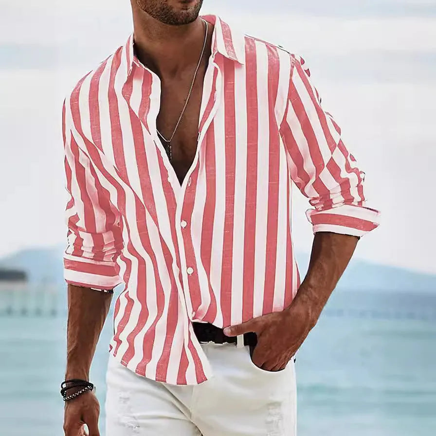 Man wearing a light grey and black striped loose-fit long sleeve casual shirt, British cardigan style.