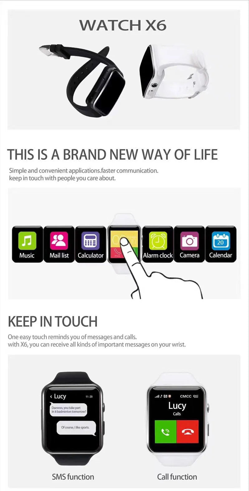 Smart watch with 1.54 inch touchscreen display and silicone strap in multiple colour options