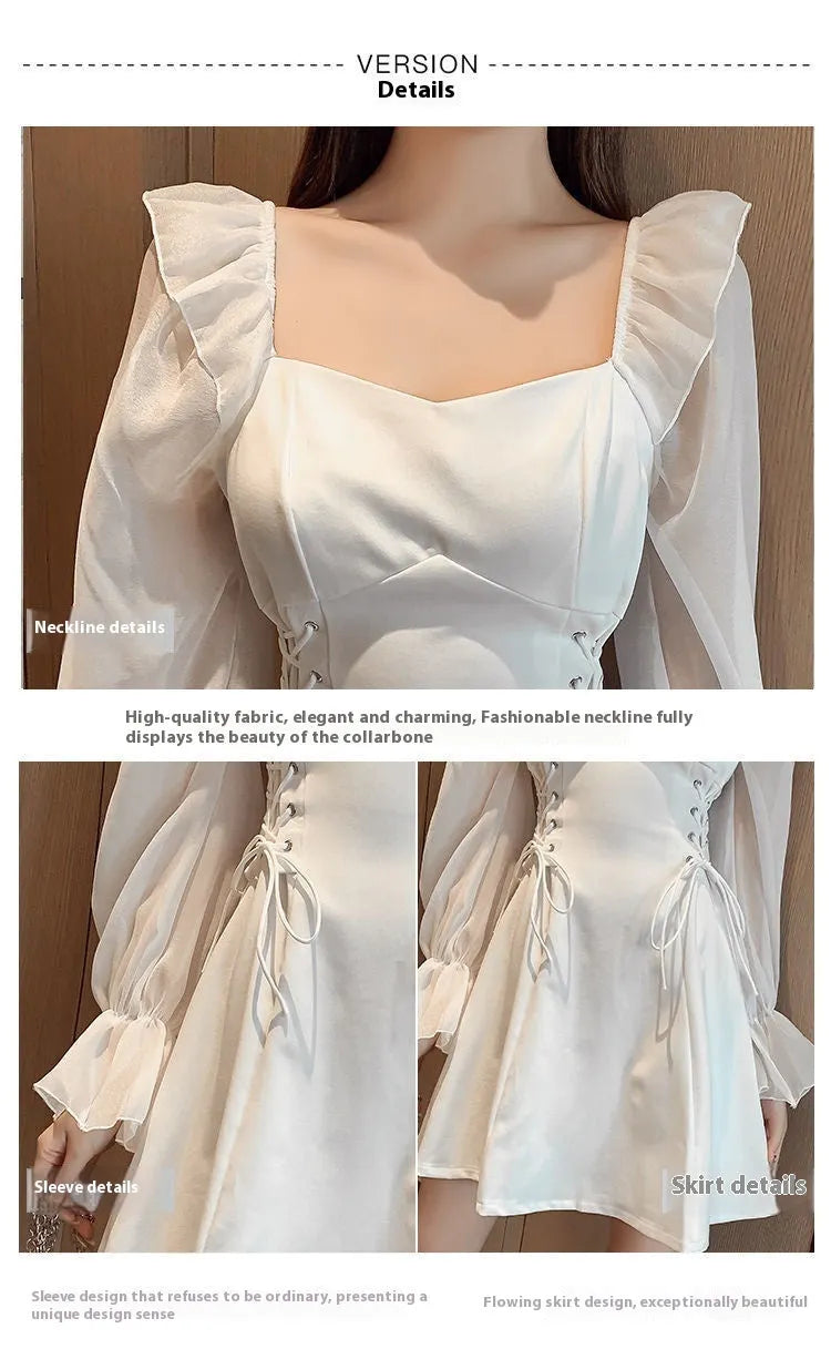 White women's chiffon dress with patchwork detail, long sleeves, and a long slimming skirt.