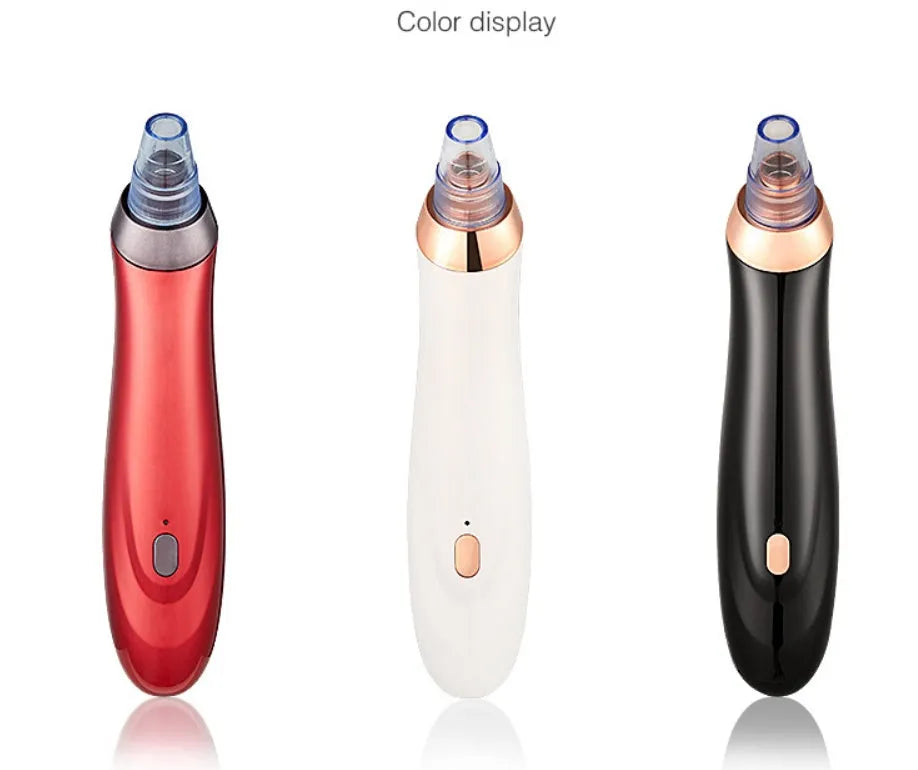 Electric blackhead extractor tool in black, gold, red, or white with interchangeable nozzles.