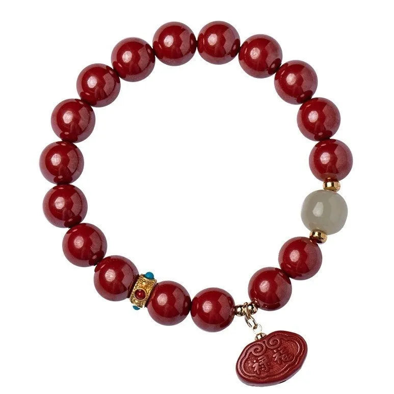 Natural cinnabar bracelet with Emperor sandstone bead in Ping An Fu Lu design, 8mm or 10mm size options
