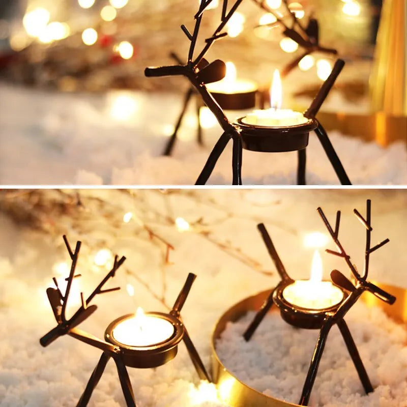 Iron deer Christmas candlestick holder with Santa Claus and snowman designs