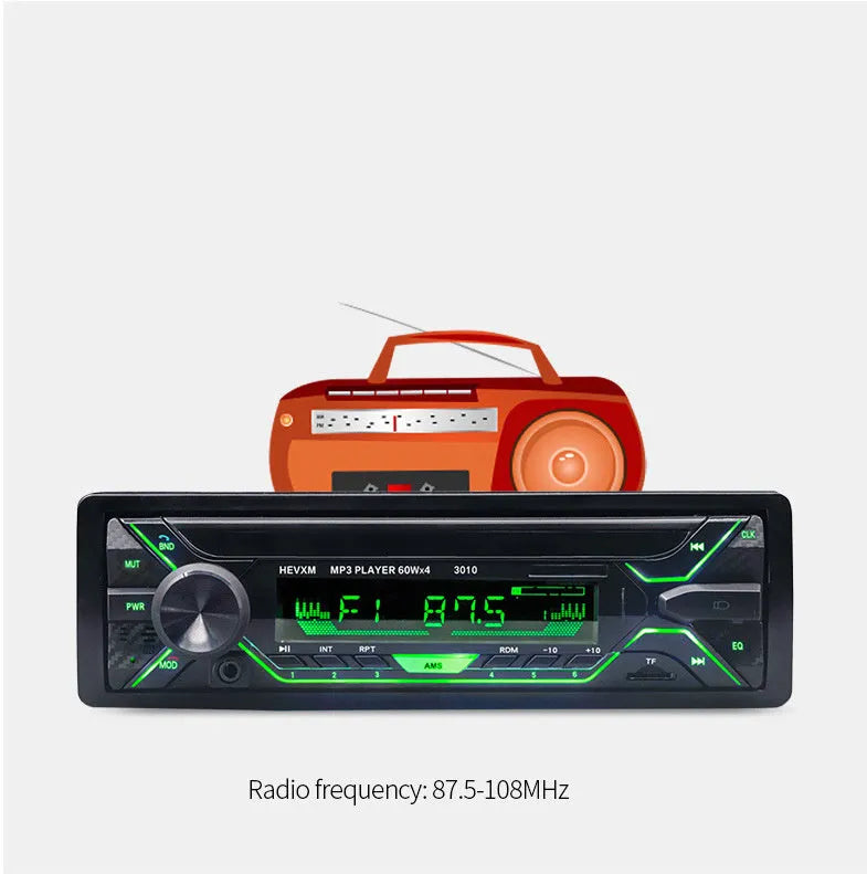 Car radio MP3 player with Bluetooth, LCD display, rotary volume knob, USB and TF card slots.