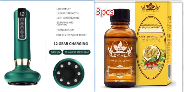 Green electric vacuum cupping massager with suction cup head on a white background