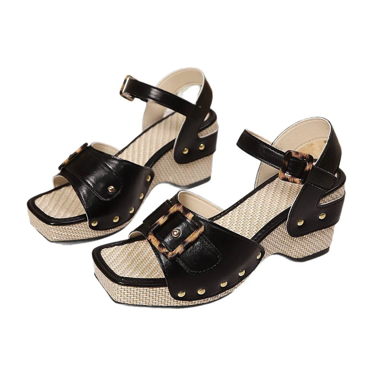 Women's chunky heel sandals with metal buckle in black and white square toe sizes 36 to 43