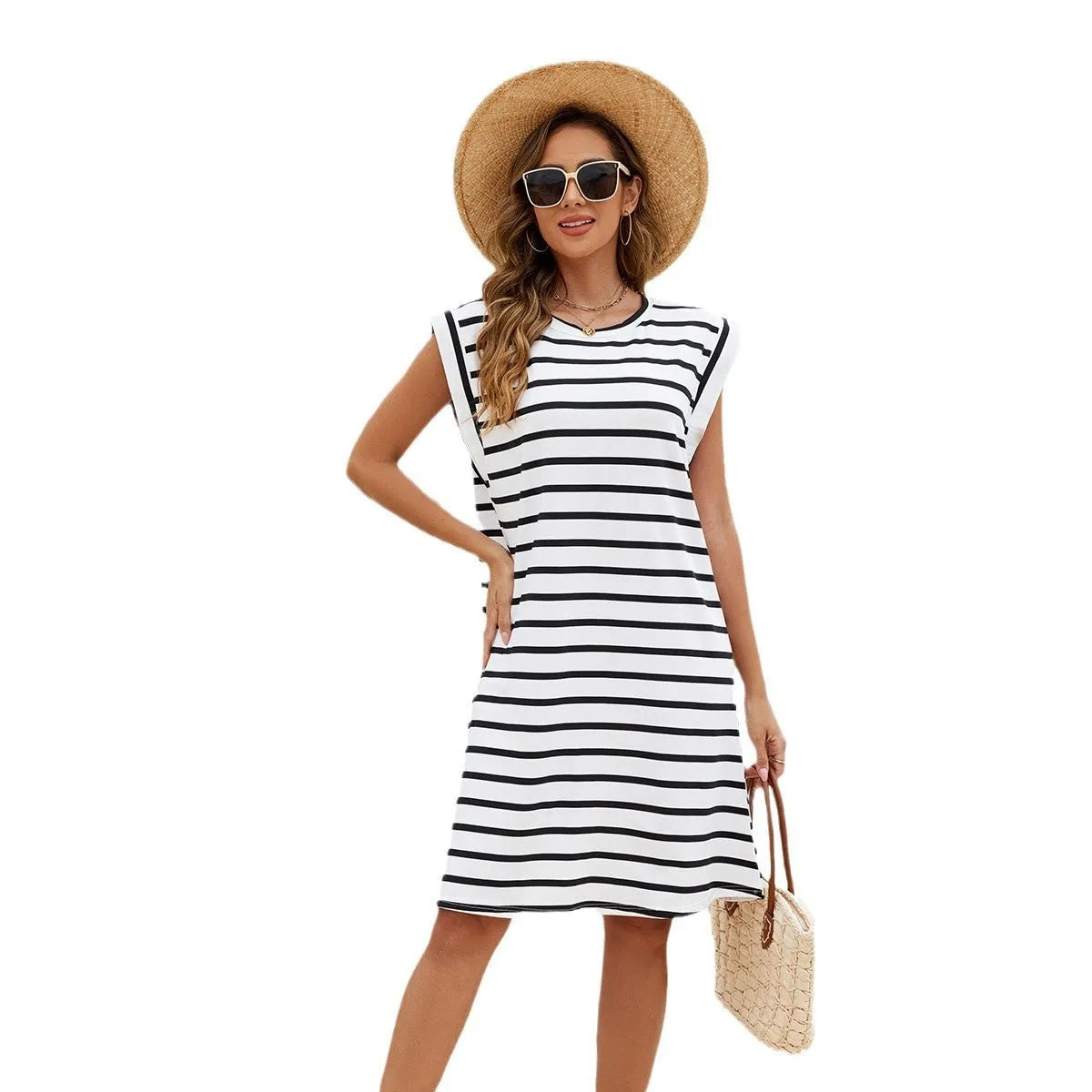 Women's black and white striped beach cover-up blouse made from lightweight polyester fabric