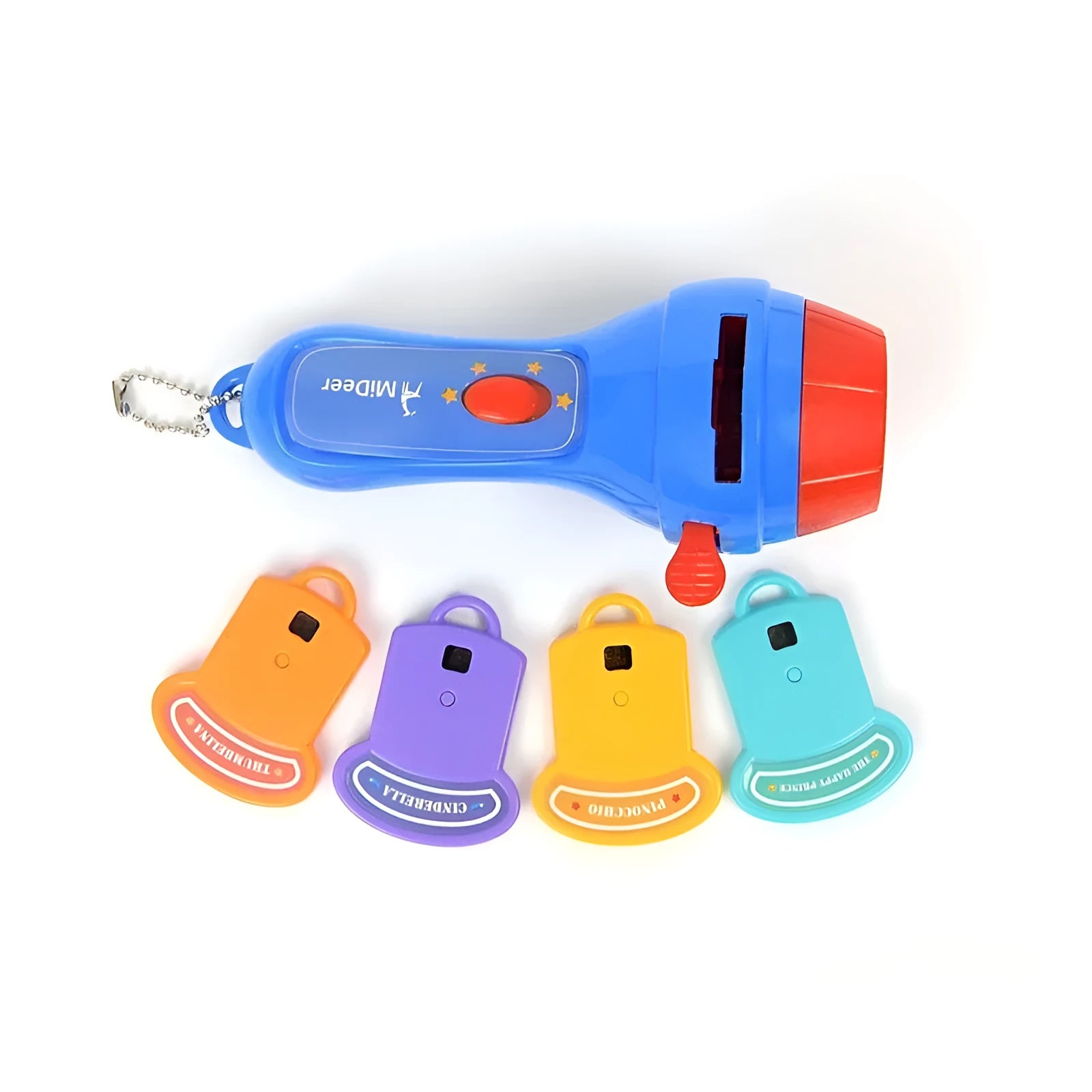 SmartKids children's story projector torch with fairy tale discs projecting images on wall