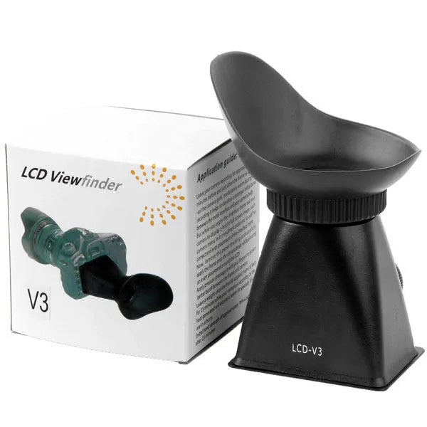Black camera LCD viewfinder with magnification lens mounted on a DSLR camera.