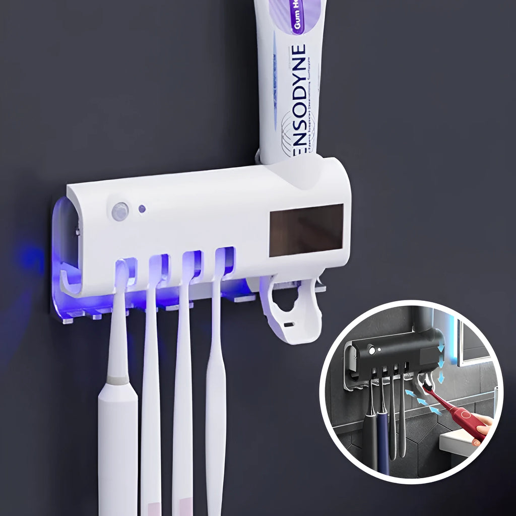 Black wall-mounted UV toothbrush steriliser with automatic toothpaste dispenser and solar panel.