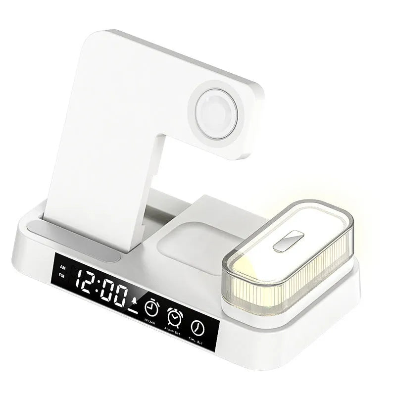 White 4 in 1 multifunction wireless charger station with foldable stand, alarm clock display, and RGB night light