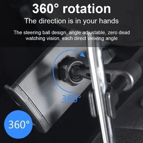 Black car phone holder with rear seat base mount for tablets and smartphones