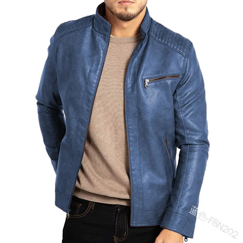 Men's artificial leather punk motorcycle jacket with stand collar in army green colour