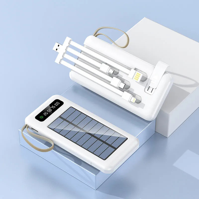 Solar power bank in black or white showing solar panel and compact rectangular design with capacity options