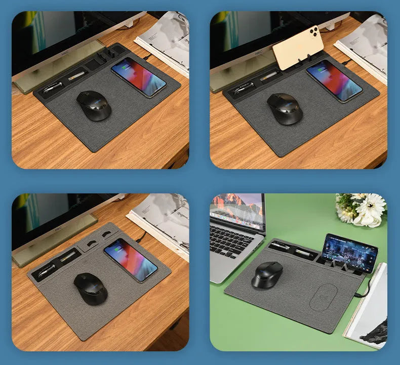 Wireless charging mouse pad with phone holder in four colour options on a desk