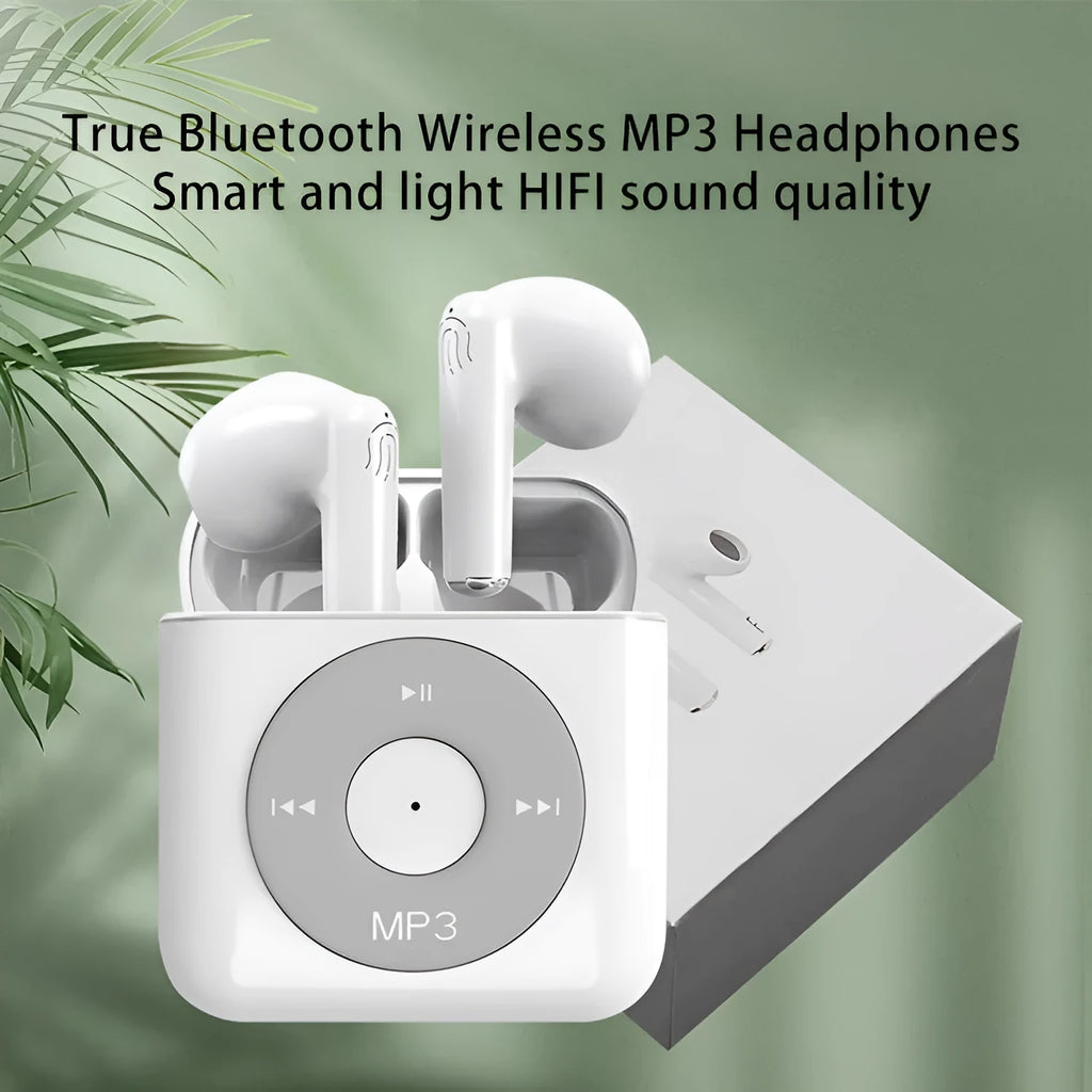 White semi-in-ear wireless Bluetooth earphones with charging case and memory card.