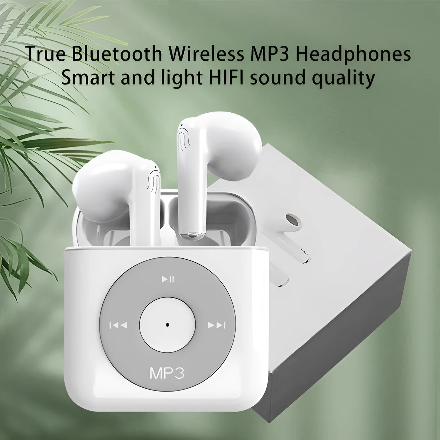 White semi-in-ear wireless Bluetooth earphones with charging case and memory card.