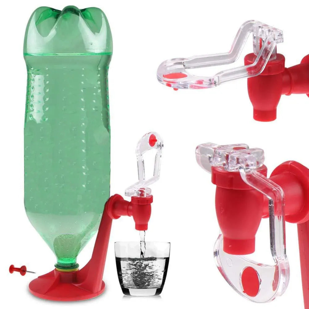 Red Magic Tap soda bottle dispenser attached to inverted 2 litre bottle with push-button mechanism