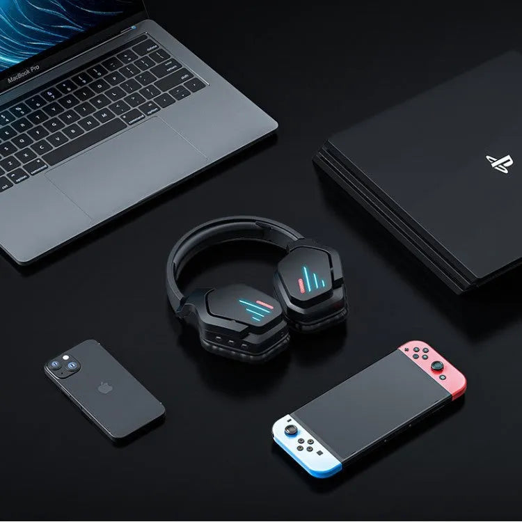 Luminous black wireless gaming headphones with head-mounted design showing ear cushions and adjustable headband