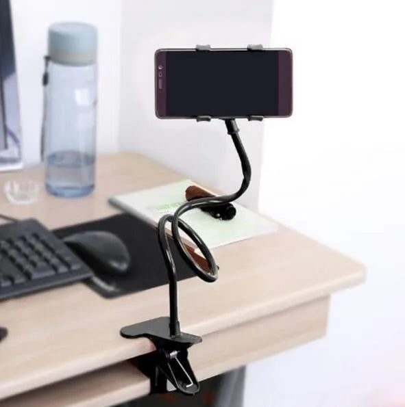 Black portable phone holder with 70cm flexible arm and V-design clip for universal smartphones