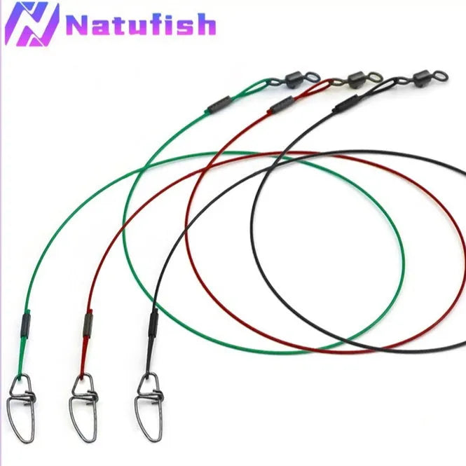 Ten coiled green steel wire fishing traces with double buckle pins, each measuring 54cm long.