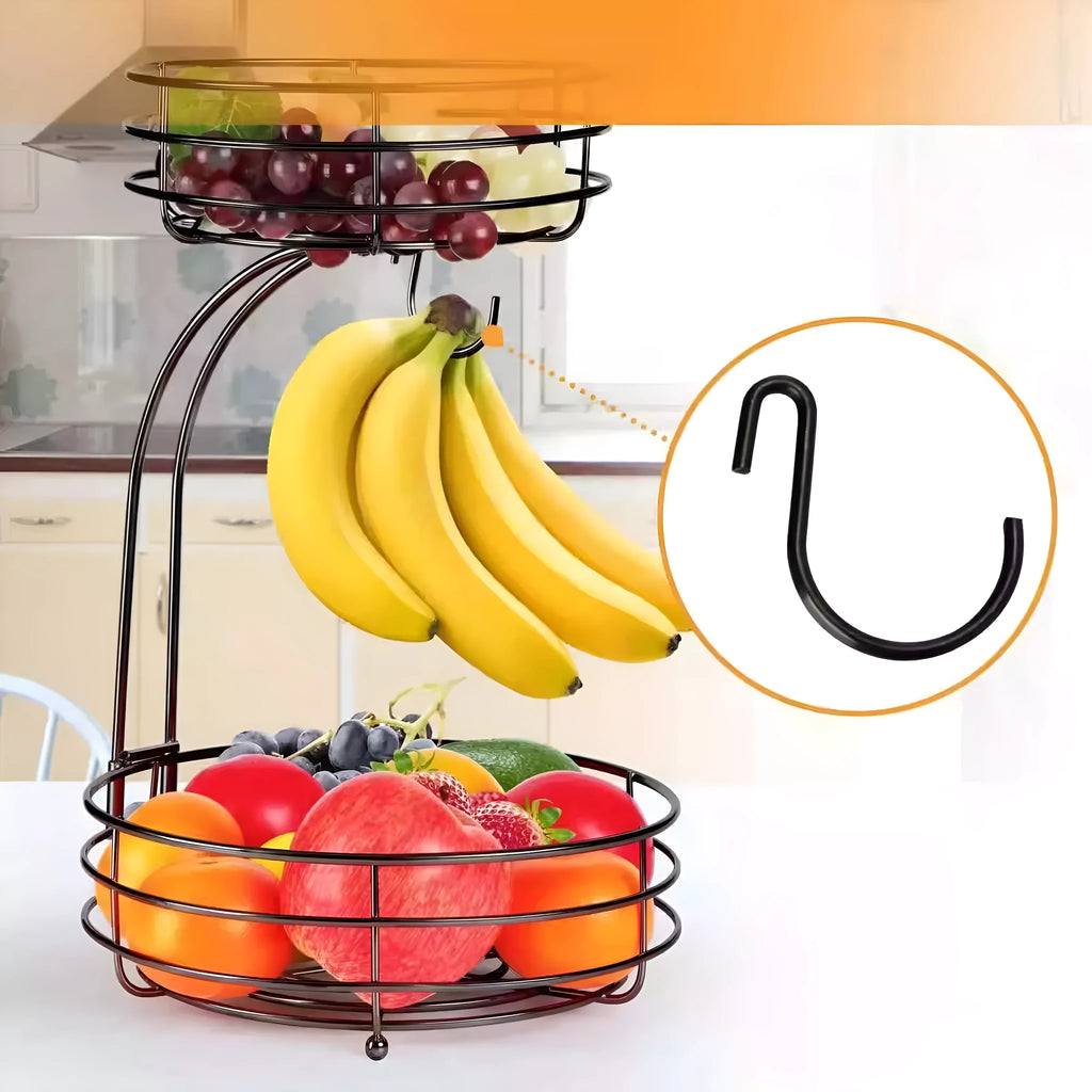 Double-layer black wrought iron fruit basket with two storage tiers for fruits and vegetables