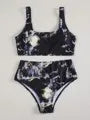 Women's marble tie-dye high-waist bikini set with U-neck top in blue colour variation
