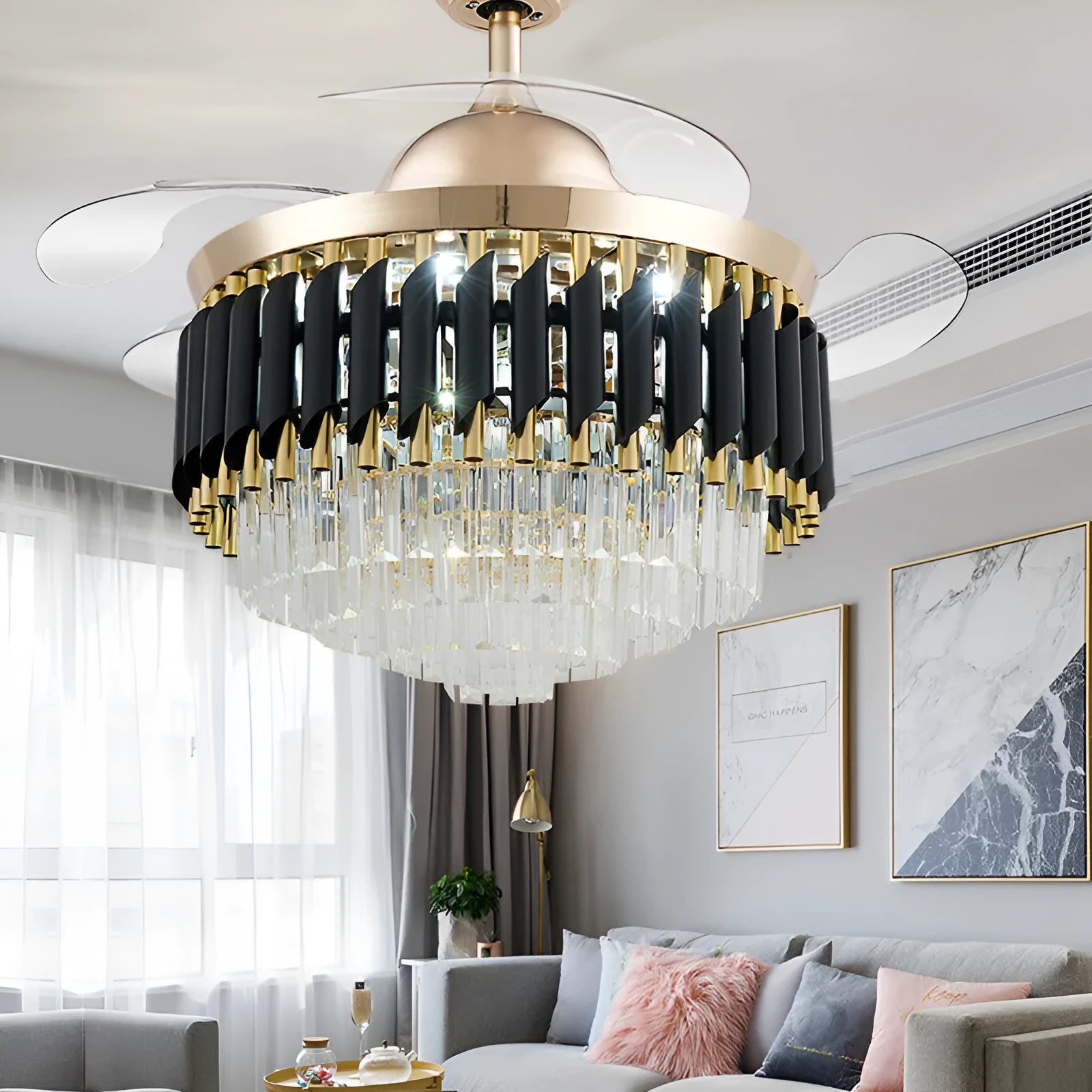 LED crystal chandelier ceiling fan light with wooden blades and remote control on a white ceiling.