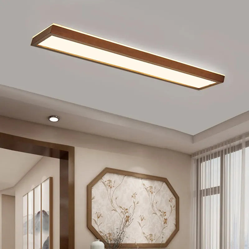 Solid wood balcony long ceiling lamp in New Chinese style, walnut colour, 120cm length with white light