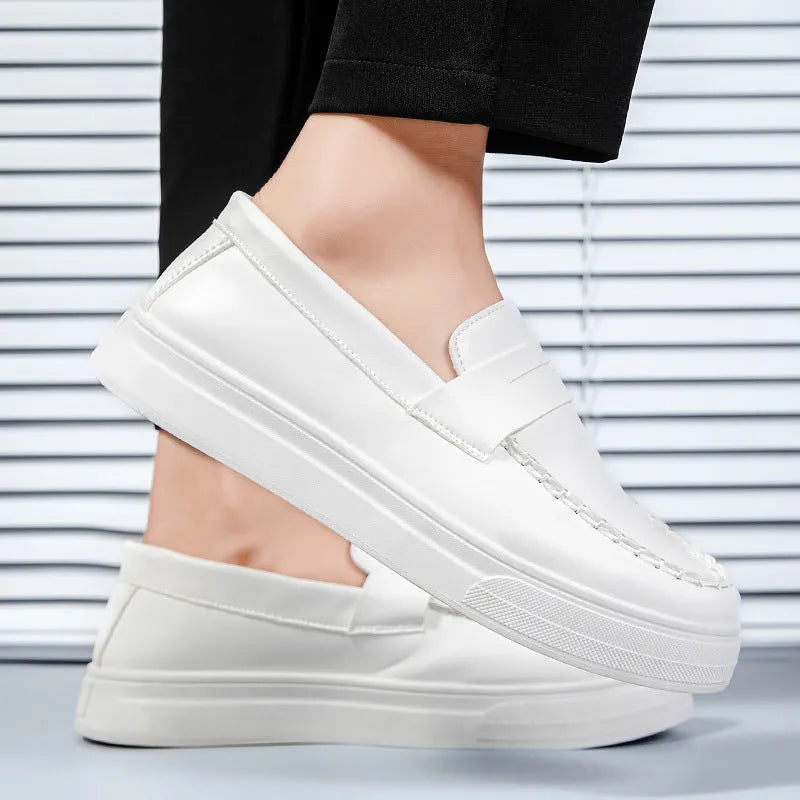 PU leather casual slip-on shoes with round toe in black and white, khaki or white colours
