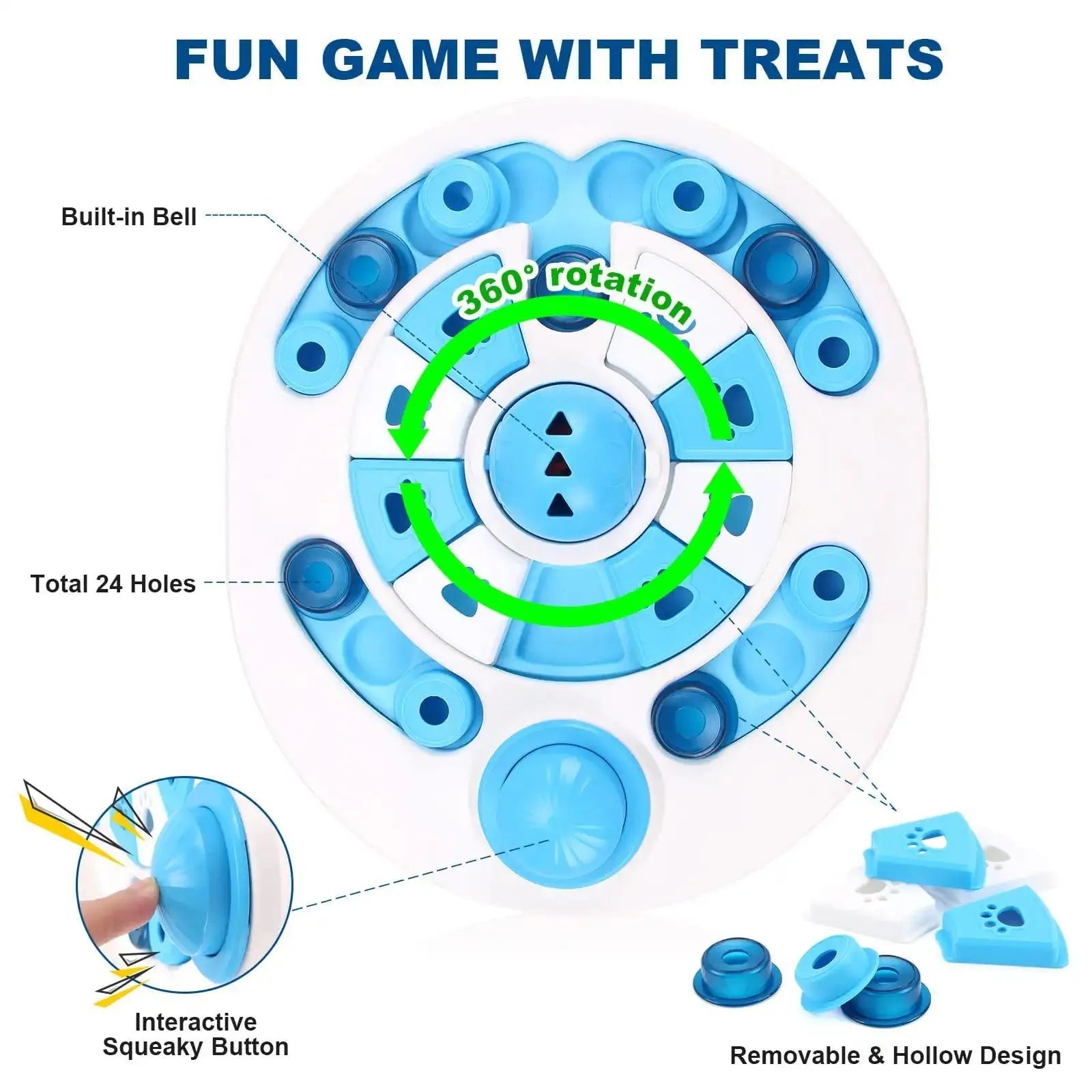 Dog puzzle toy with spherical bells and 24 hidden food compartments in blue and red colours on a light background