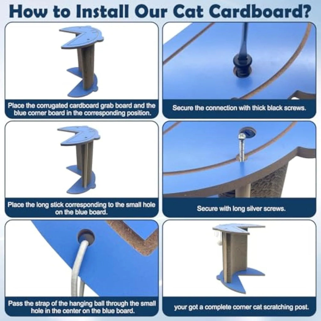 Cat corner scratching pad mounted on wall with replaceable scratching board and hanging ball