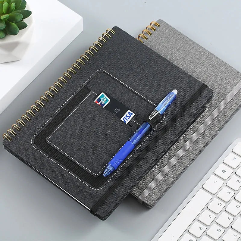 Open erasable coil notebook with stone paper pages, a pen, and a wipe cloth on a desk.